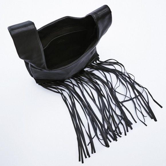 ZARA Fringed Leather Handbag Black BNWT - Picture 4 of 6